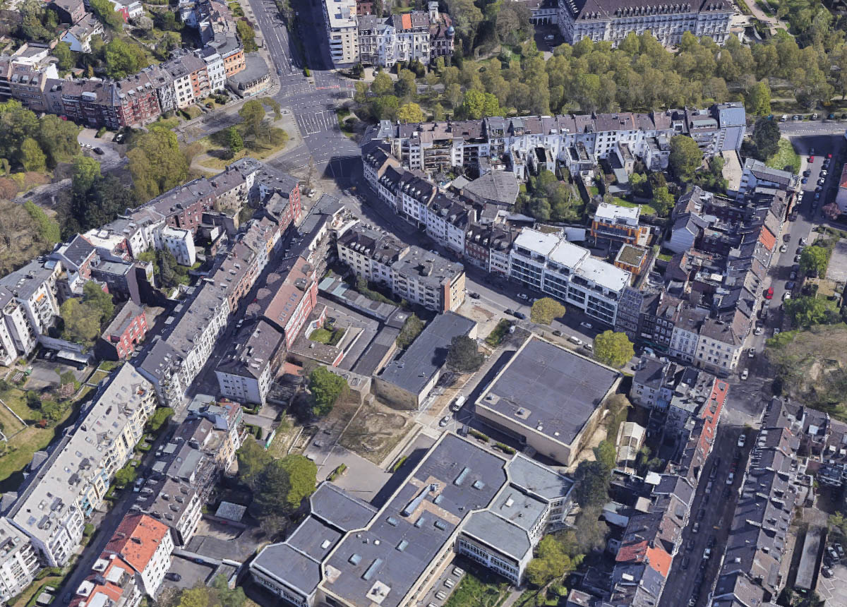 Aachen 1945 und 2020: Luftbild von Achterstraße und Sandkaulstraße sowie Monheimsallee